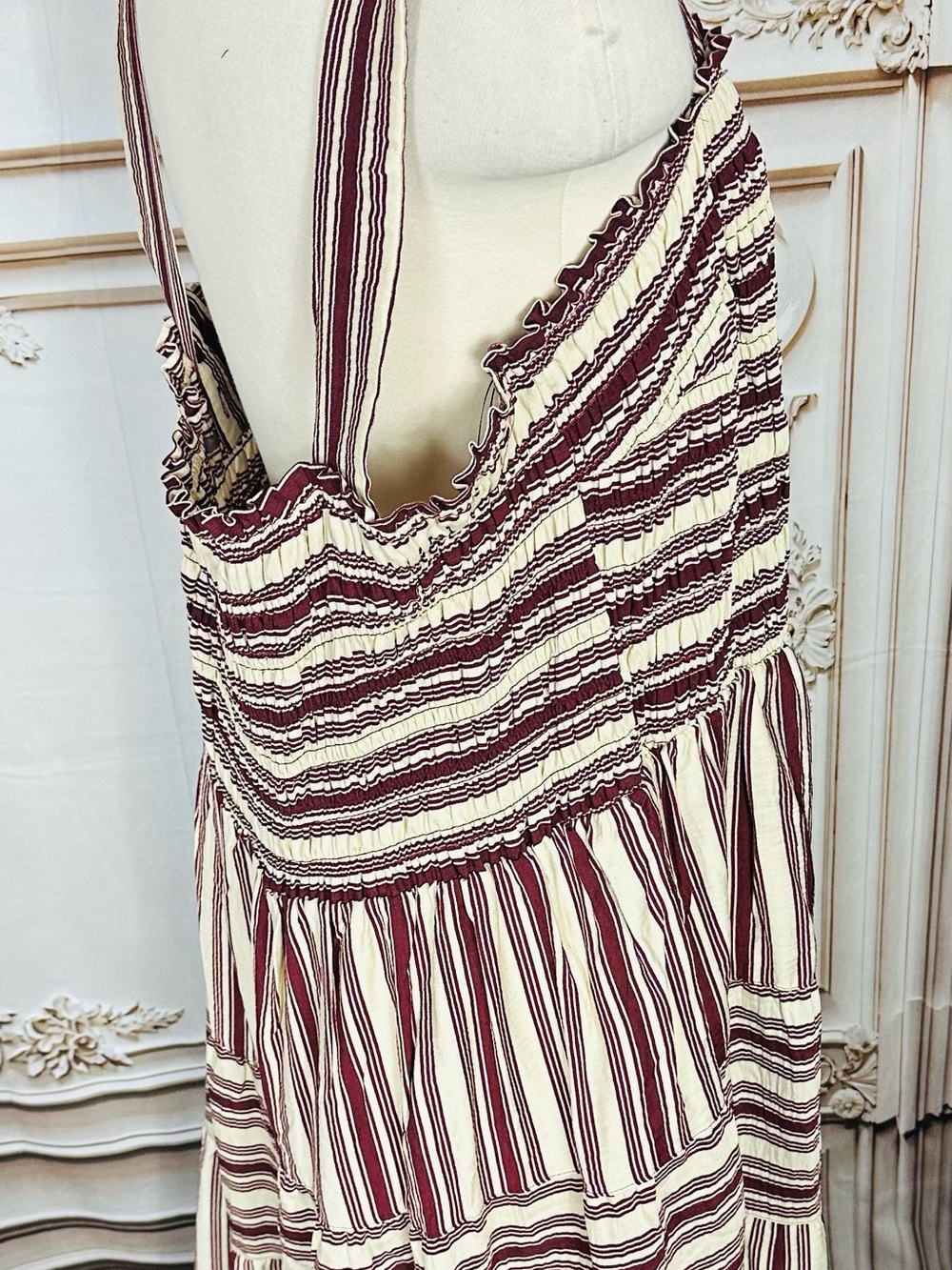 Terra & Sky Striped Smocked Maxi Dress - Cream & Burgundy - Picture 8 of 12